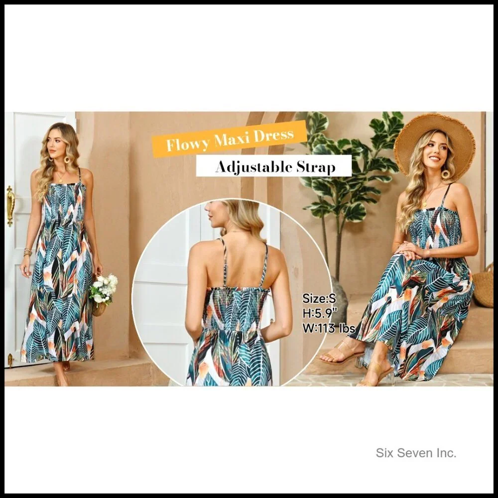 Spaghetti Strap Maxi Dress Smocked Boho Beach Casual Summer Flowy Sundress - Picture 6 of 7